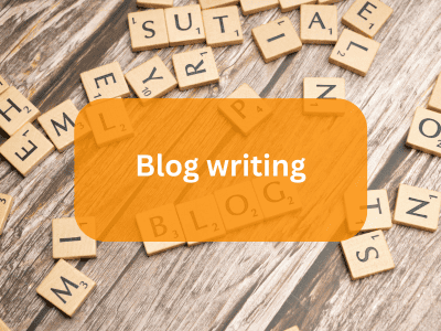 Blog writing services label with Scrabble pieces spelling blog in the background