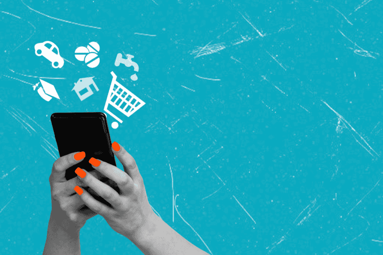 Someone shopping on a mobile phone illustrating the importance of building brand visibility in AI search