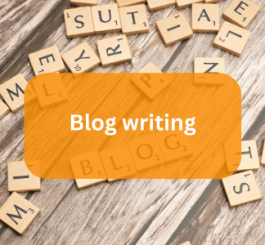 Blog writing services label with Scrabble pieces spelling blog in the background