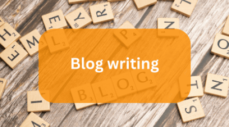 Blog writing services label with Scrabble pieces spelling blog in the background